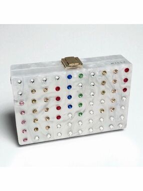 Milly Box Acrylic Clutch Swarovski Crystal Rainbow Stripe Removable Chain